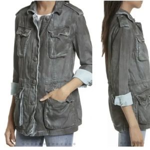 - Free People Large Grey Blue Double Cloth Military Jacket Button Zip Dist…